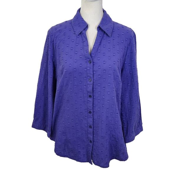 Denim & Co. Purple Swiss Dot Blouse Size Small Purple Button Down Top - Picture 1 of 7